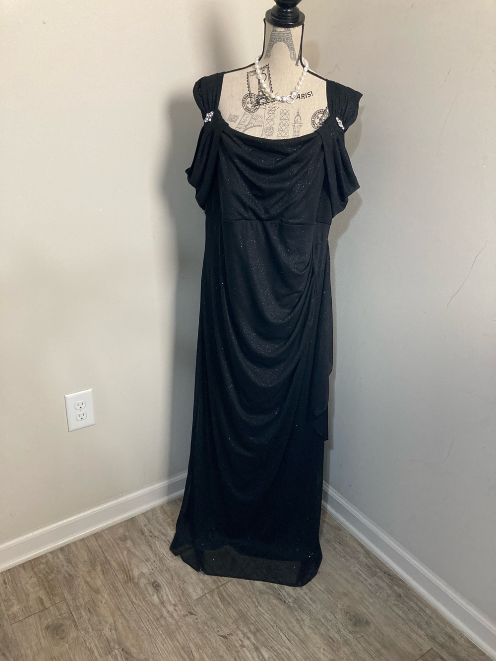 R & M Richards Black Sparkle Draped Formal Gown
